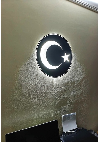 Motto Dekor Lazer Kesim Metal Türk Bayrağı Görselli Beyaz Led Işıklı Duvar Dekoru Duvar Aydınlatması Siyah