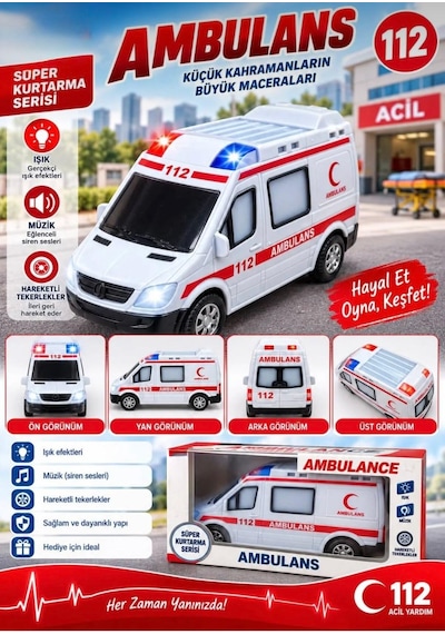 Oyuncak Metal Işıklı Sesli Çek Bırak Özellikli Ön Ve Arka Kapılar Açılır Ambulans-polis-itfaiye-askeri Jandarma Minibüsü 12 Cm Beyaz