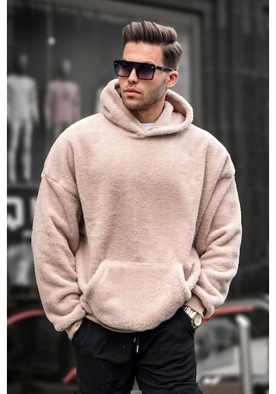 Madmext Bej Peluş Kapüşonlu Erkek Sweatshirt 6050 Bej