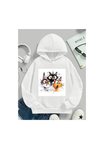 Stil X Sevimli Kediler Baskılı Kapüşonlu Çocuk Sweatshırt Beyaz-3