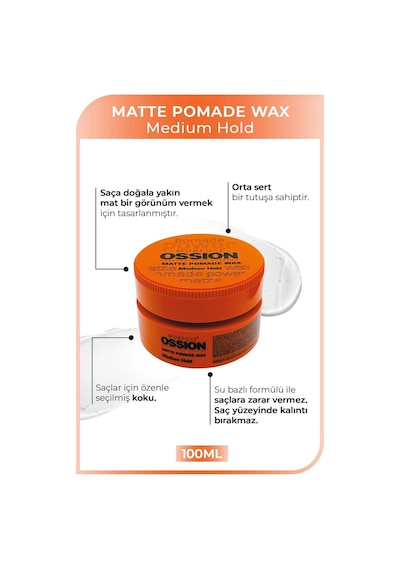 Orta Sert Tutuşlu Ossion Medium Hold Pomade Krem Mat Wax 100 Ml