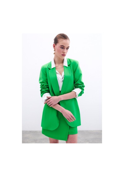 Sateen Klasik Yaka Uzun Ceket - Açık Yeşil-131423 Açık Yeşil