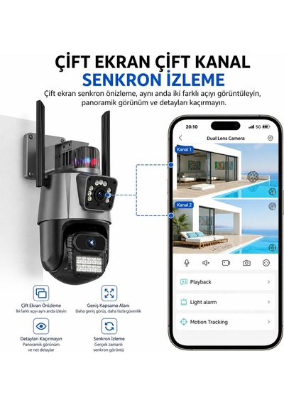 8 Mp 4k Full Hd Çift Lensi Alarmlı Su Geçirmez Dış Mekan Güvenlik Kamerası