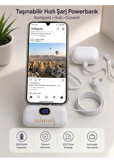 Rainvolt Mini Kapsül Powerbank Led Dijital Göstergeli & Dahili Kablolu Taşınabilir Şarj Cihazı Beyaz