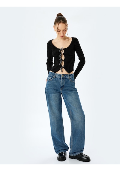Koton Fiyonklu V Yaka Slim Fit Crop Triko Hırka Siyah 5sal90020ht Siyah