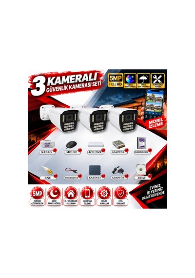 3 Kameralı Güvenlik Kamerası Seti 5mp Yapay Zeka Gece Renkli Görüş 21 Warm Led Ultra Hd 521w