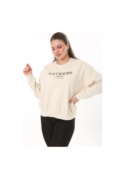 Şans Kadın Büyük Beden Bej İçi Şardonlu Kumaş Ön Baskılı Sweatshirt 65n37719-bej Bej