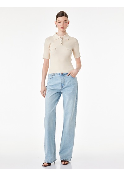 Koton Slim Fit Yarım Düğme Detaylı Kısa Kollu Polo Yaka Triko Kazak Krema 6sak90022ht