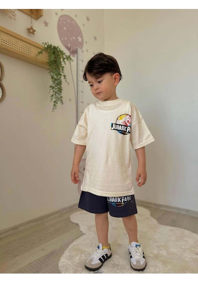 Miniko Kids Erkek Çocuk Jurassic Park Pamuk Şortlu Takım Ekru