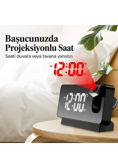 Projeksiyonlu Dijital Alarm Saat Led Ekranlı Termometreli Çift Alarmlı Siyah Diğer