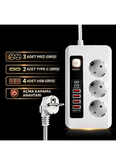 3500w Akım Korumalı 3 Lü Priz 2 Type-c + 4 Usb Girişli Açma Kapama Anahtarlı 2 Metre Kablolu 2 M