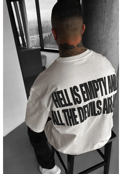Startmore Startmore Erkek Hell & Devil Kabaran Baskı Ekru Bisiklet Yaka Oversize Salas Beyaz