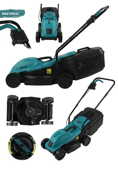 Steiner 1200w Elektrikli Bakır Sargılı Tekerlekli Çim Biçme Makinesi Mavi 30 Litre Toplama Torbalı