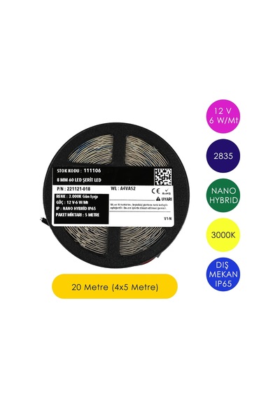 Ledronics Premium 12v Nano Hybrid Şerit Led - Dış Mekan Ip65 Su Geçirmez, 6w/mt 8mm 60 Led, 3000k Gün Işığı, 20