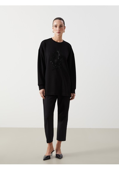 Lcwaıkıkı Classic Siyah Bisiklet Yaka Boncuk İşlemeli Kadın Sweatshirt Tunik