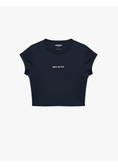 Koton Slim Fit Bisiklet Yaka Kısa Kollu Baskılı Crop Spor Tişört Lacivert 7wak10129nk
