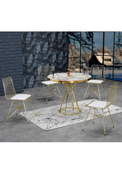 Avvio 90x90 Ella 4 Kişilik Beyaz Mermer Görünümlü Metal Mutfak Masası Takımı-gold Tel Sandalyeli 90x90 Cm Beyaz