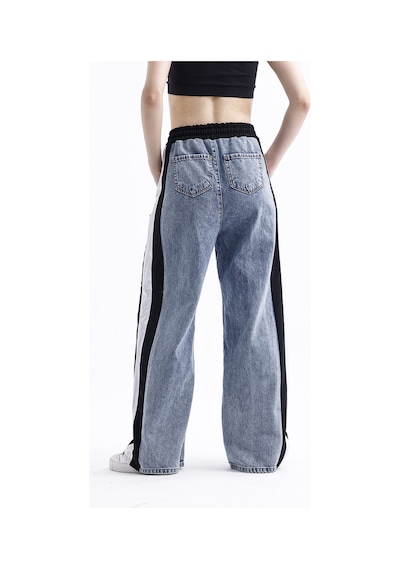 Polopass 025 Kadın Bol Paça Yan Şerit Penye Kot Denim Pantolon Siyah