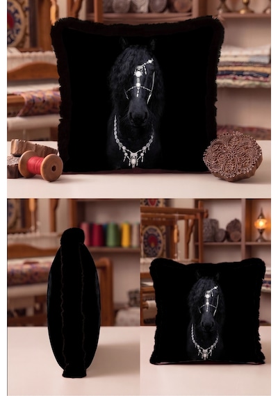 Lüks At Figürlü Gotik Saçaklı Yastık Kılıfı - Asil Hayvan Temalı Gri Siyah Püsküllü Kırlent Kılıfı Pembe