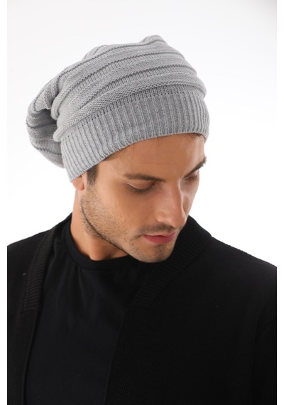 Ritagarcia Unisex Arkası İpli Büzgülü Triko Bere Kışlık Dökümlü Slouchy Beanie Bere Gri