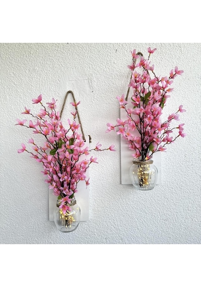 Led Işıklı, Pembe Sakura Çiçekli Duvar Dekoru Beyaz İkili Set
