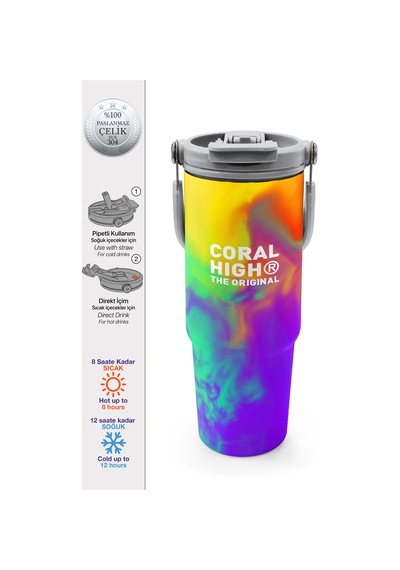 Coral High Renkli Desenli Pipetli Ve Direkt İçim Çelik Termos 900 Ml 38738 Mor