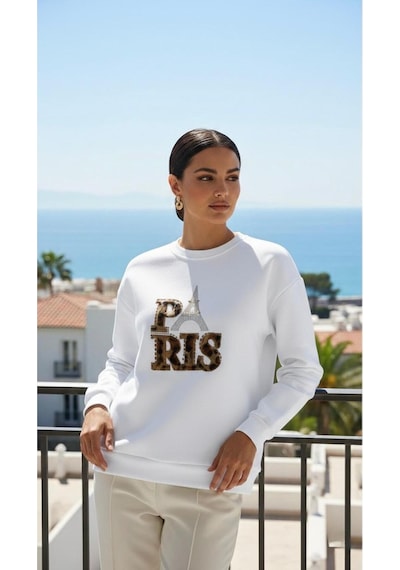 Taş Detaylı Eyfel Ve Paris Yazılı Oversize Sweatshirt Beyaz