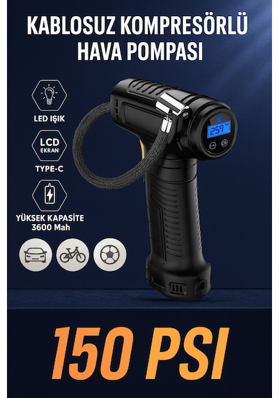 Hava Kompresörü Şarjlı Dijital 150 Psı Led Işık Lcd Ekran , Type-c, 3600 Mah Araba Lastik Pompası