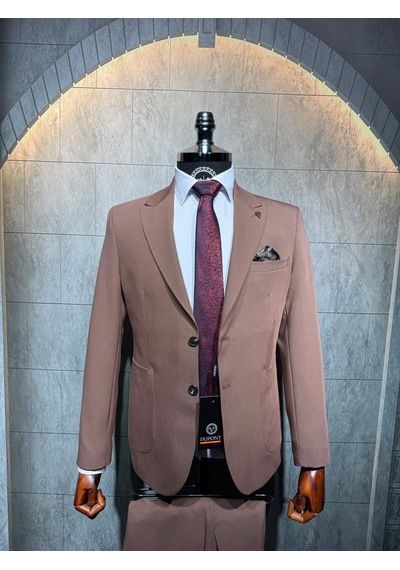 Dupont Classics Dupont Slim Fit Sivri Yaka 6 Drop Çift Yırtmaç Torba Cep 2'li Takım Elbise Kahve-antik