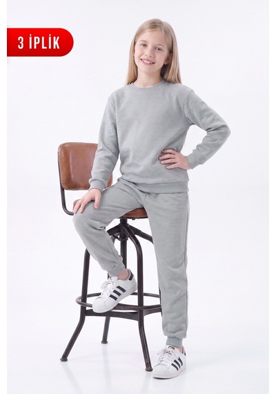 Fyk Kids 3 İplik Düz Kız Çocuk Çift Cepli Bisiklet Yaka Eşofman Takımı Gri