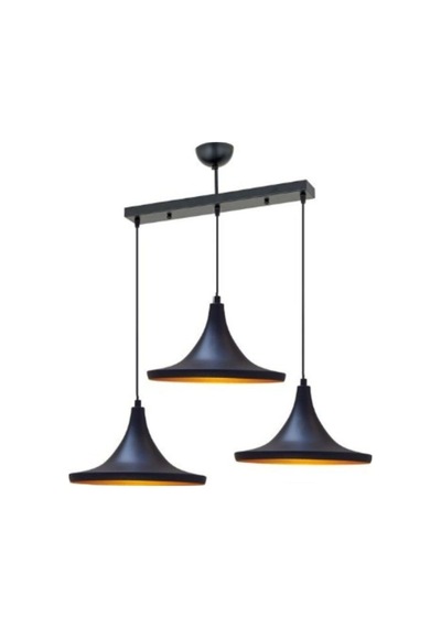 S Retro Siyah Içi Sarı Metal Sarkıt Avize 3lü Sıralı Masa Üstü 60 Cm Siyah