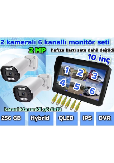 2 Adet Ahd 2 Mp Beyaz Warm Ledli Kamera 10'' Qled 6 Kanallı Monitör Seti 12 V 256 Gb