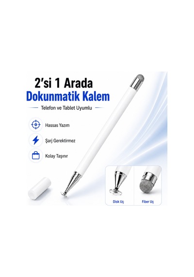 Honor Pad 9 İle Uyumlu Çift Uçlu Dokunmatik Kalem Disk Fiber Uç Beyaz