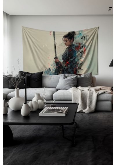 Samuray Kadın Desenli Duvar Halısı Duvar Örtüsü Tapestry Süet Dokulu Kumaş