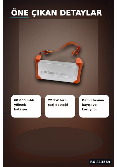 Bay Entegre Kablolu 60000mah 22.5w Hızlı Şarj Powerbank - Çoklu Usb-c Çıkışlı Güç Bankası Bx-313569 Najmaddi Standart