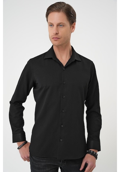 Efor Slim Fit Dokulu Erkek Yaka Pamuklu Klasik Siyah Gömlek Gk 740 Siyah