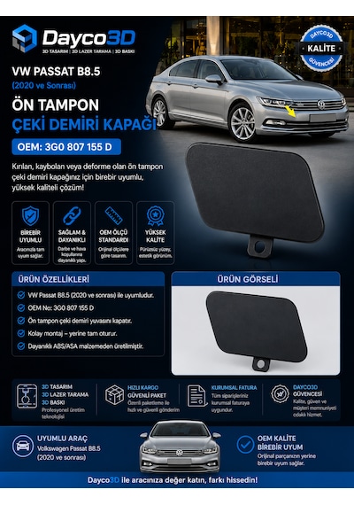 Volkswagen Vw Passat B8.5 2020-2023 Ön Tampon Çeki Demiri Kapağı Oem 3g0 807 155 D