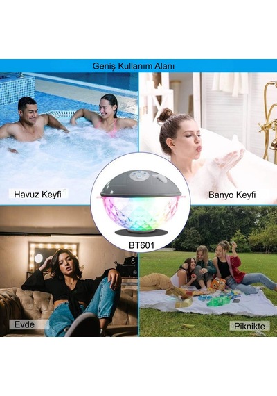 Hymark Bluetooth Bt601 Havuz Hoparlörü Renkli Rgb Led Işık Ip68 Su Geçirmez Dahili Şarjlı Pilli Ses Bombası