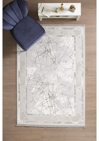 Modern Tasarımlı Pamuk Tabanlı Geometrik Desenli Saçaklı Bej Renkli Halı Bej