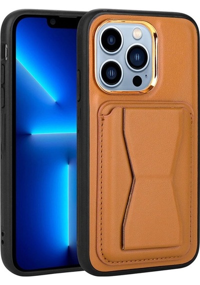 Apple Uyumlu iPhone 13 Pro Max Kılıf Kartlıklı Standlı Pu Deri Zore Memo Kapak Kahve Açık