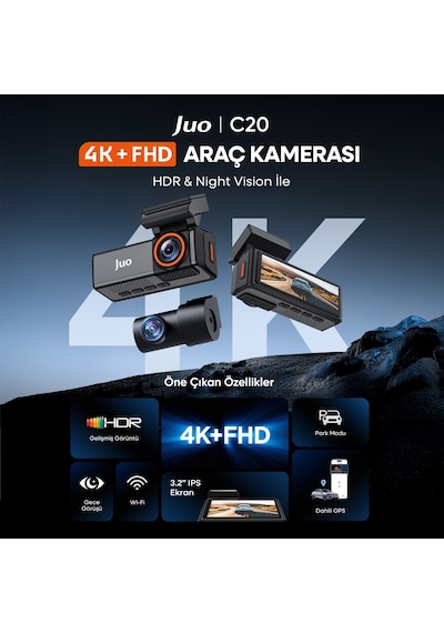 Juo C20 4k Uhd Ön + Fhd Arka 2 Kameralı Wifi Gps Hdr Araç Kamerası Ekranlı 170 Geniş Açı Gece Görüş Araç İçi Kamera