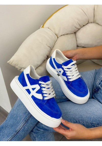 Erva'nın Butiği Mavi Beyaz Tig Kadın Bağcıklı Sneakers-4892 Mavi Beyaz Süet