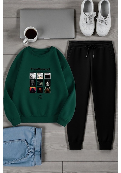 Uyguntarz Unisex The Weekend Tasarım Basklı Bisiklet Yaka Sweatshirt - 2'li Eşofman Takımı Yeşil