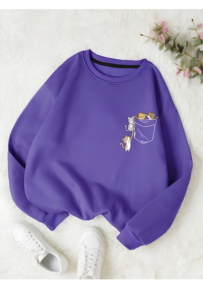 Startmore Mor Kadın Renkli Cat Özel Göğüs Baskılı Oversize Bisiklet Yaka