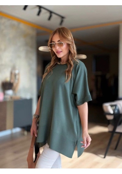 Mareandpanda Kadın Bisiklet Yaka Kısa Yarasa Kollu Yanları Yırtmaçlı Oversize Dökümlü Merserize Bluz haki Mareandpanda Kadın Bisiklet Yaka Kısa Yarasa Kollu Yanları Yırtmaçlı Oversize Dökümlü Merserize Bluz haki