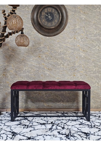 Zafir Siyah Boyalı İçi Kareli Diktörtgen 100 Cm X 40 Cm Oturak Puf - Bench - Makyaj Oturağı - Oturak Bordo