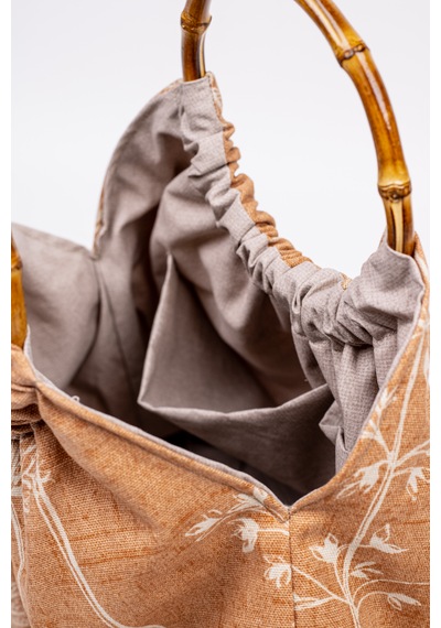 Fabric Craft Bag El Çantası Keten Kumaş Bambu Saplı Çiçek Desen Taba - Kahverengi