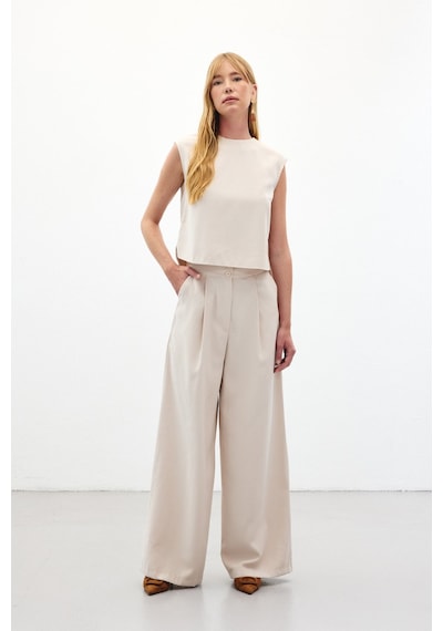 Sateen Geniş Paça Pantolon - Taş-136451 Taş