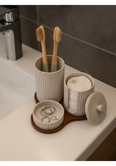 Banyo Seti 3 Parça Diş Fırçalık, Kapaklı Pamukluk Ve Takı Standı Modern Organizer Bej-kahverengi