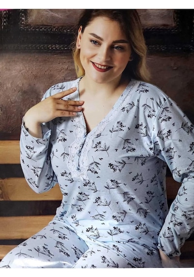 Sude Kadın Bambu Büyük Beden Uzun Kol V Yakası Nakışlı İnce Pijama Takımı P/4331- 1 Adet 001